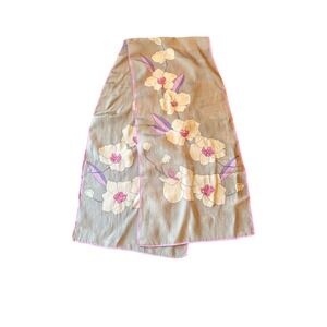 Sacha Scarf Grey Pink White Floral Orchid  Rectangular Silk Hand Rolled Edge
